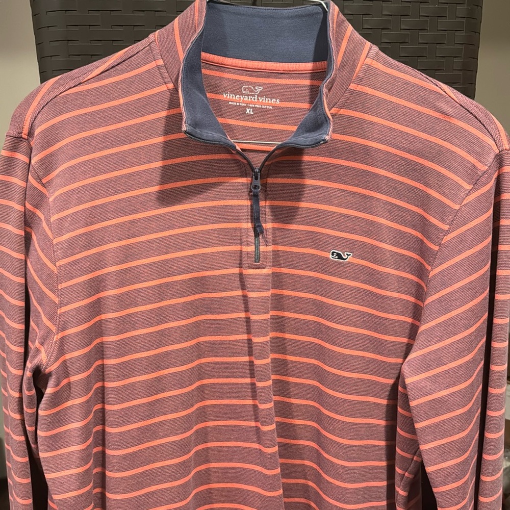 Vineyard Vines Men’s XL Striped Saltwater Quarter Zip Nantucket Red and Navy